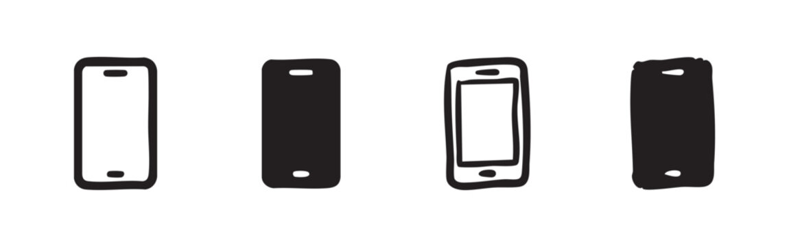 Mobile phone icon set. Smartphone device symbol in hand drawn doodle style.