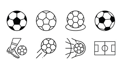 Set of soccer ball icons in different styles and motion poses, football line vector illustrations including kicking, rolling, flying ball, and soccer field outline isolated © mstborshaakterbd