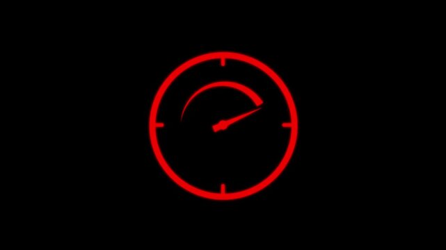 Red tachometer gauge animation. reaching the limit: speedometer animation. maximum performance and speed indicator. danger level or critical pressure gauge. high power and acceleration meter.