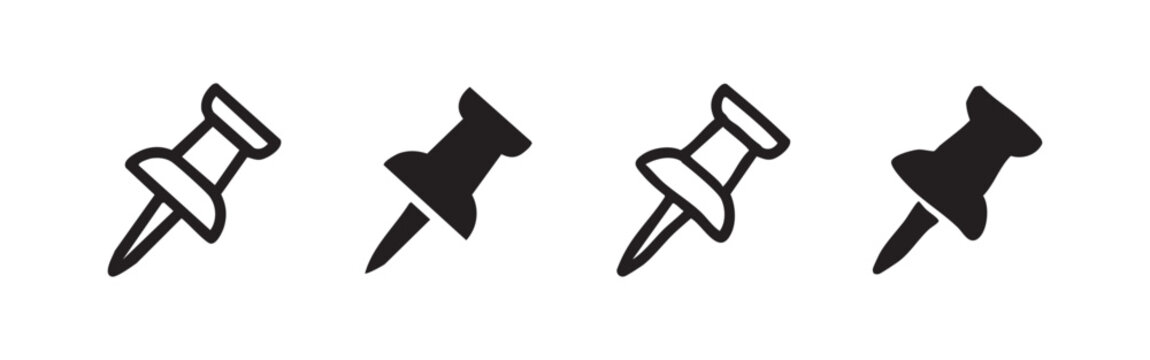 Pushpin thumbtack icon set, office supplies and notice board symbol, important memo reminder.