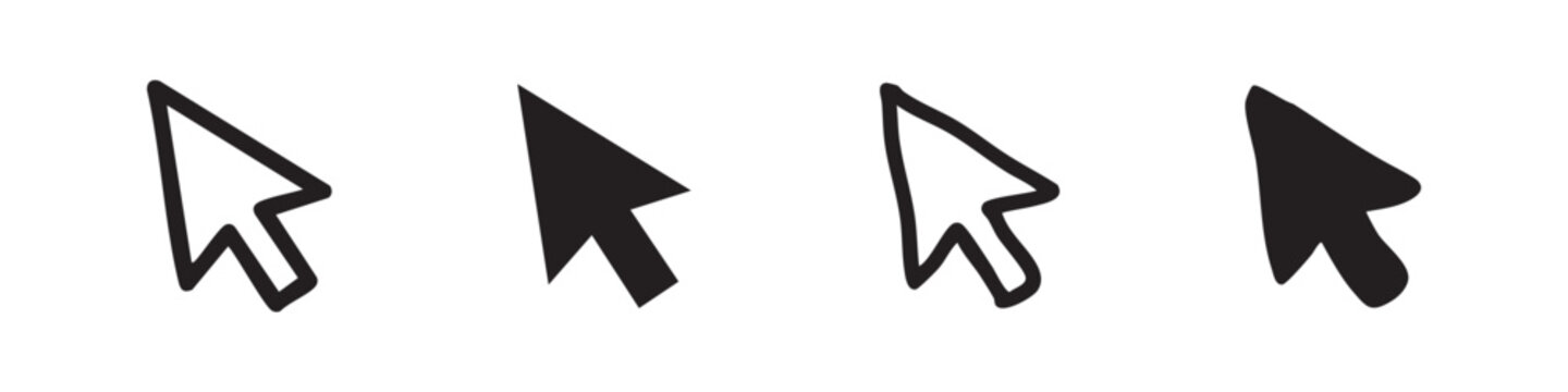 Mouse cursor icon set, pointer sign in hand drawn and solid styles, vector illustration isolated on white background