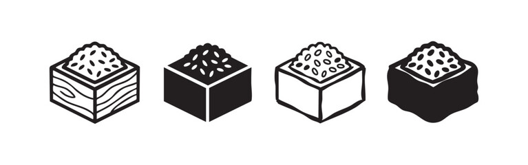 Four variations of a sushi roll icon, showcasing a Japanese food delicacy. © liubomir118809