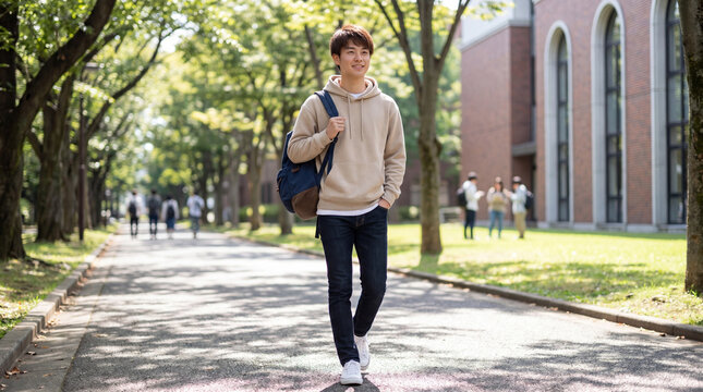 新緑の大学構内をリュック姿で歩く20代の男子学生 ｜ 弾む足取り