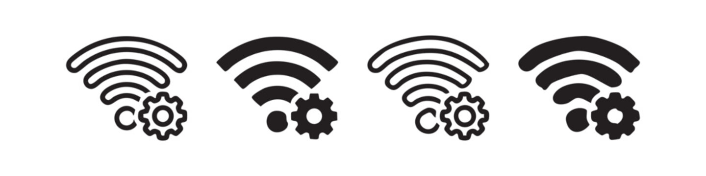Set of four Wi-Fi signal icons with gear symbols, indicating network settings and configuration.