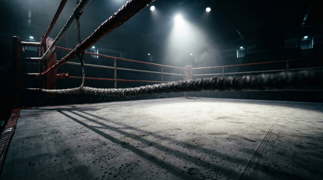 Cinematic view of an empty boxing ring under spotlights in a dark arena with red ropes and gritty floor