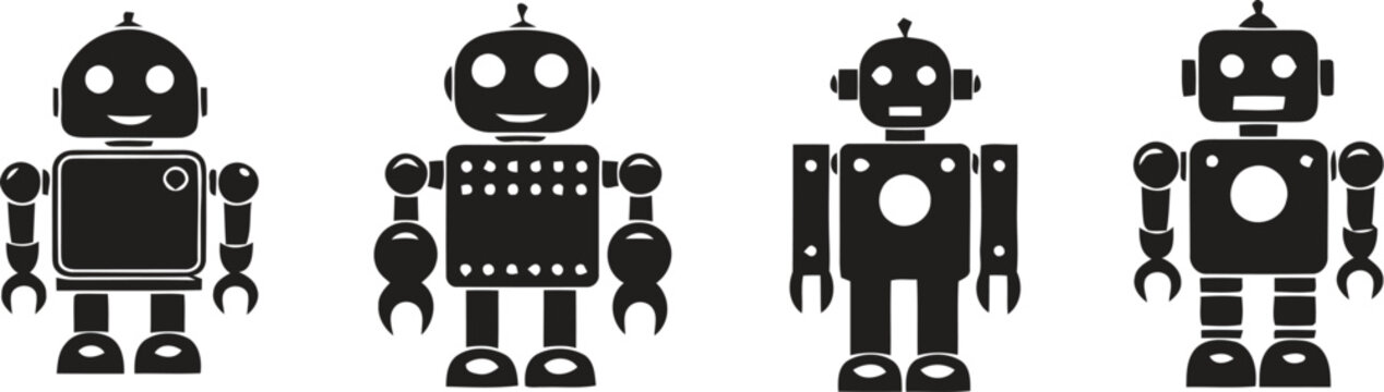 Four black robot icons with different designs