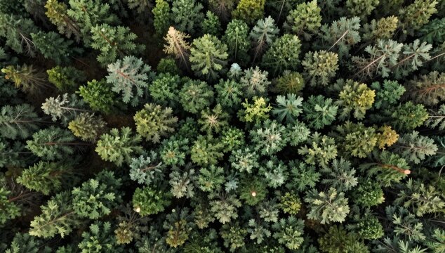 Overhead view reveals the diverse textures and colors of a dense forest canopy