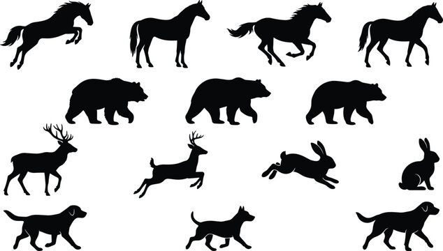 Horse bear deer rabbit dog icons in running standing leaping poses, animal silhouettes artwork decorative vector illustration element for wildlife and nature design