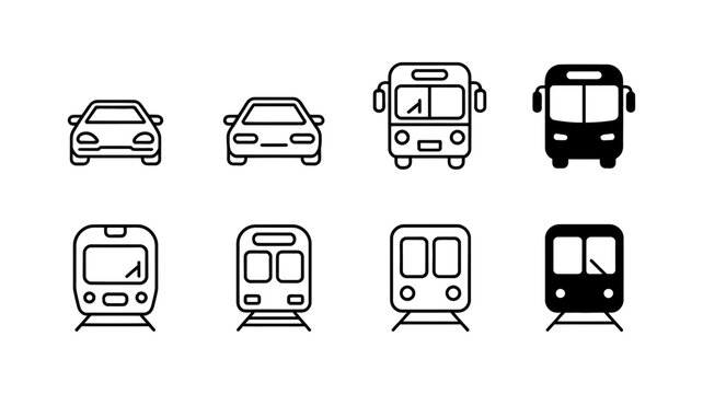 Set of front view transportation vehicle icons including cars buses trains with transport vehicles passenger