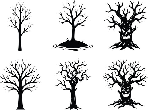 Leafless tree silhouette collection with twisted branches, eerie faces, natural and spooky forest icons &ndash; vector illustration