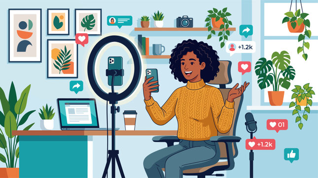Woman records video with smartphone and ring light in home office