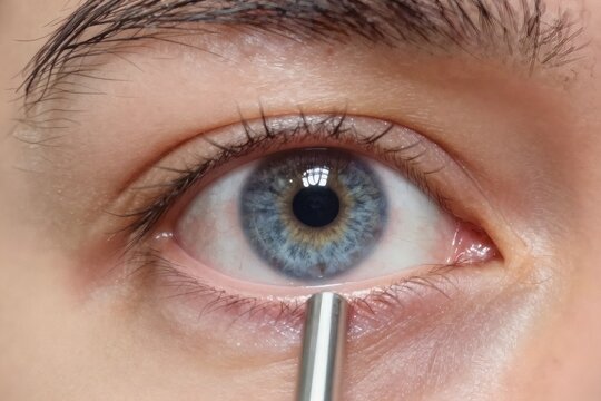 Close up of human eye with a metal object touching lower eyelid for medical testing