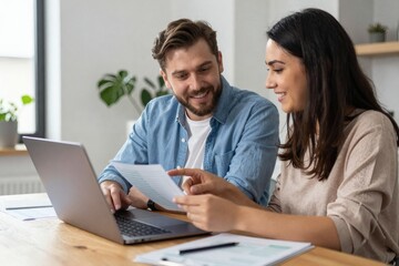 Fototapeta premium Cheerful young couple reviewing documents together on a laptop at a wooden desk