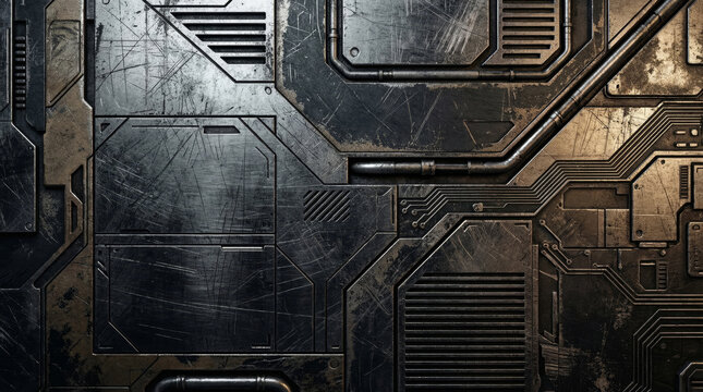 Futuristic industrial metal panel texture with scratched spaceship hull surface and circuit patterns background