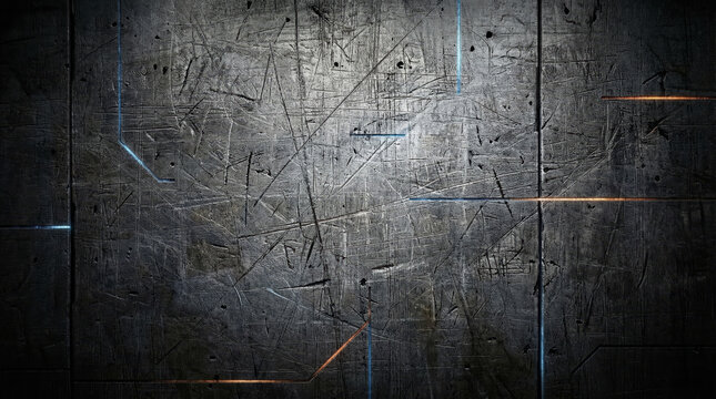 Futuristic industrial scratched metal background with glowing blue and orange circuit lines in sci-fi style