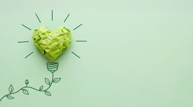 Green crumpled paper heart lightbulb sketch with plant vine on green background for eco love concept