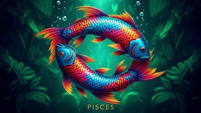 Colorful pisces zodiac sign symbol with two fish on a dark green background. Horoscope and astrology concept for spiritual design.