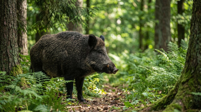Large adult wild boar Sus scrofa standing on a path in a lush green summer forest surrounded by ferns and trees