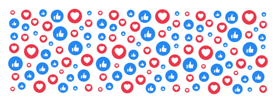 Social media reaction Icons. Facebook likes set of thumbs and hearts. Facebook like icons. Vector icons. Editorial use only.