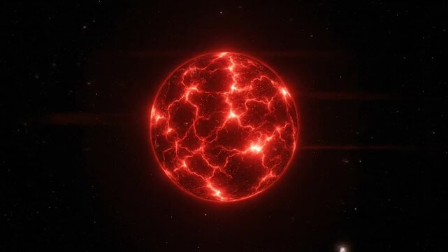 Fiery red planet in a dark space environment with starfield background, abstract energy bursts.