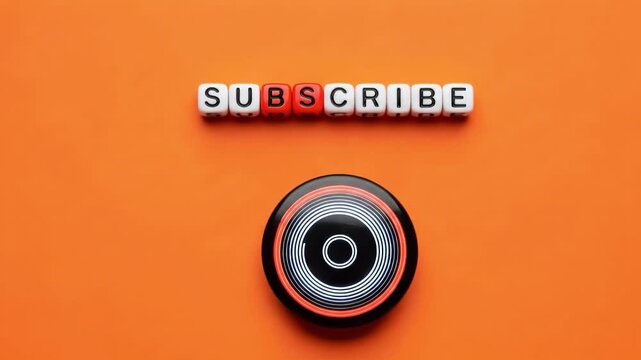 Finger pressing a black button with subscribe lettering on orange