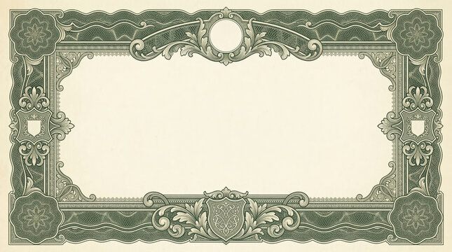 Vintage ornate certificate border frame with classic green money engraving pattern and blank space