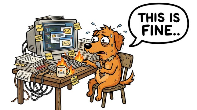 Embroiled Canine&rsquo;s Dilemma: A canine sits amidst chaos, surrounded by fiery computer components, with a nonchalant declaration of This is Fine.