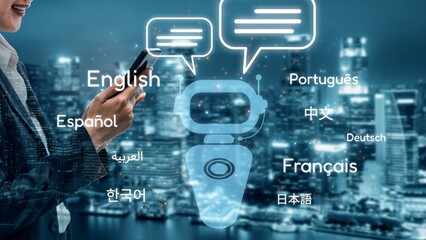 Obraz premium Global communication with multiple languages, digital translation tools, multilingual technology, cross-cultural communication, and virtual language learning environments. Muxer
