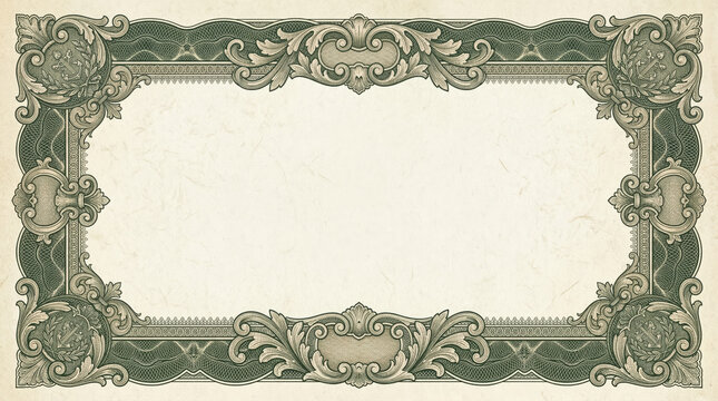 Vintage ornate certificate border frame with classic money engraving pattern and blank aged paper background