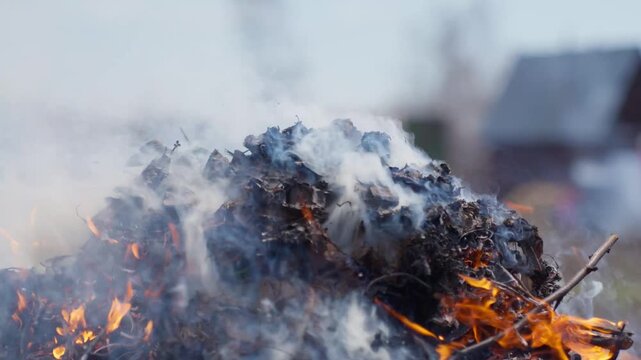 Nighttime Campfire Scene. Flickering Flames Generate Thick Smoke. Bonfire Emits Dense Clouds Near Residential Neighborhood Structures. Misty Smoke From Smoky Bonfire Envelops Nearby Village And Homes