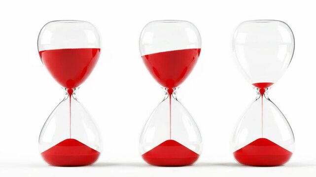 Three hourglasses with red sand on white background isolated