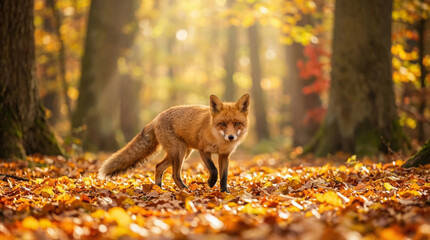Fototapeta premium Wild red fox standing among beautiful golden fallen leaves in an autumn forest with sun rays