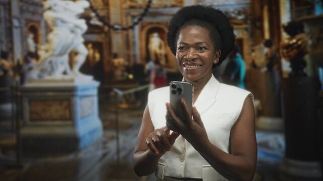 Woman holding smartphone tapping screen with finger while smiling among classical sculptures in an ornate museum building; delight travel memory.
