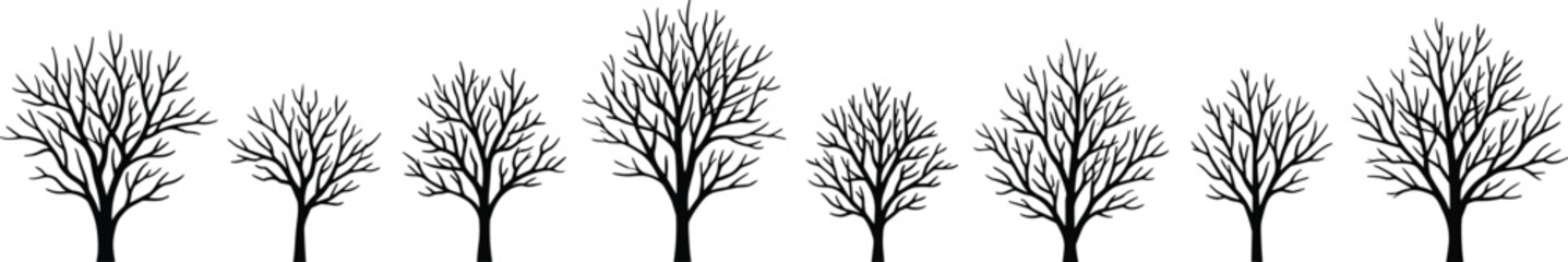 Obraz premium Stylized leafless tree silhouettes in horizontal row, diverse branching patterns black natural forest artwork botanical decorative design isolated vector illustration, flat vector illustration