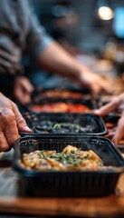 Fototapeta premium Hands Arranging Fresh Meal Containers in Shared Kitchen