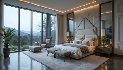 Fototapeta premium Luxury modern bedroom with large glass windows overlooking scenic mountains, featuring elegant decor, warm lighting, and a serene atmosphere that blends comfort with breathtaking natural views