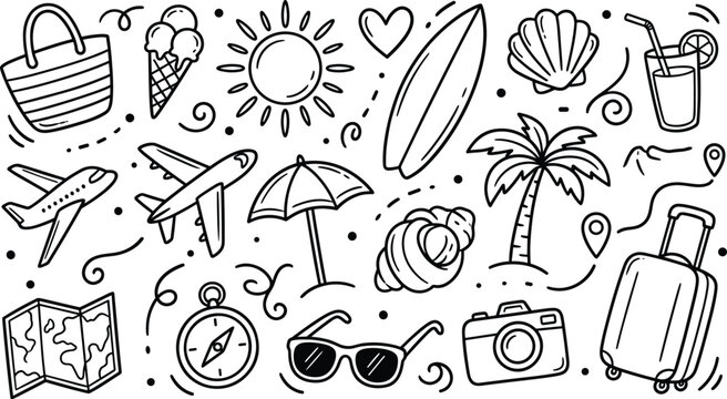 Travel and vacation icon vector illustration set, holiday objects with bag, ice cream, sun, surfboard, palm tree, map, compass, suitcase - flat vector illustration