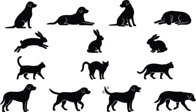 Dog cat rabbit icons in sitting walking jumping poses, animal artwork decorative vector illustration element for pet, domestic, and nature design, flat vector illustration