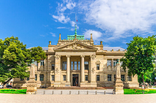 Strasbourg, France, July 12, 2024: Palais de Justice palace neo-Greek building on Place Gisele Halimi square in old town Strasbourg city historic centre Neustadt district, Alsace Grand Est region