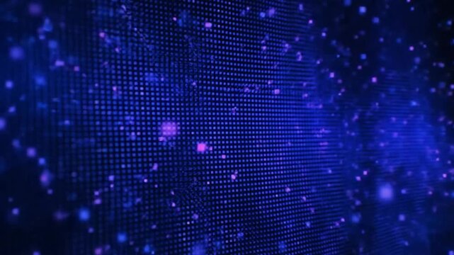 Abstract digital data matrix grid with glowing particles and squares in futuristic blue and purple technology background.