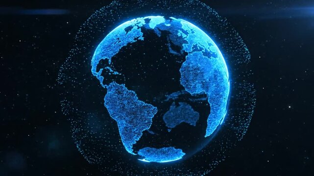 Digital glowing blue Earth in space with surrounding particles, global business or technological concept