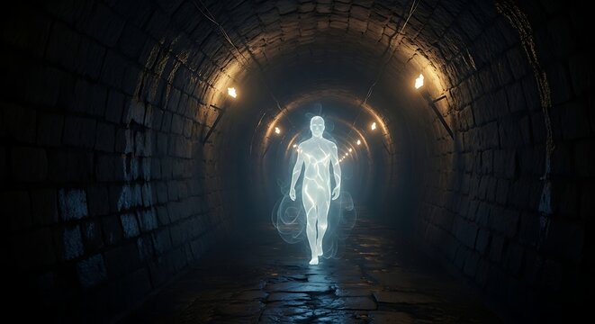 Ethereal figure walks through a dimly lit, stone-arched tunnel with glowing lights