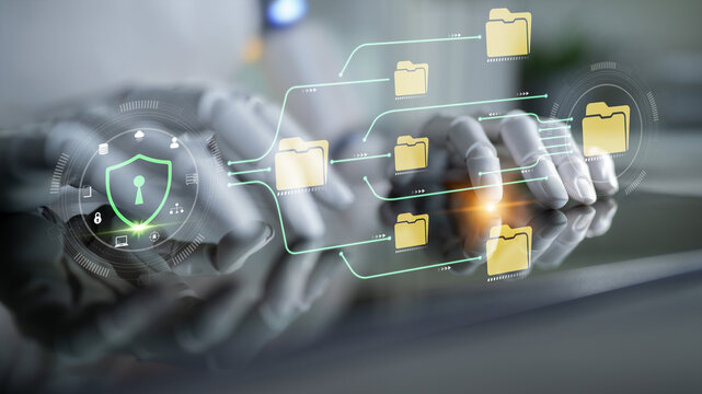 Futuristic Technology Concept for Data Security with Digital Folder Icons and Cyber Protection Symbols over Human Hands Illustration in Modern Workspace Fluxor.