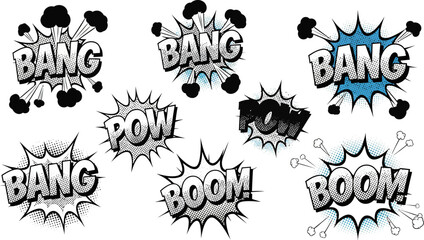 Comic book speech bubbles with bang pow and boom words in various styles and colors © Pixel Verses