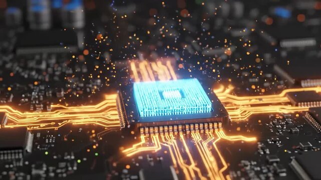 Glowing microchip on a circuit board with orange wires