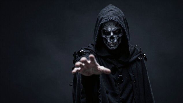 Grim reaper with a skull mask in a dark cloak reaches out his hand forward