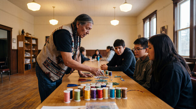 Indigenous elder teaches beadwork to teenagers at community table showing cultural knowledge transfer intergenerational learning craft tradition mentorship identity plus youth engagement