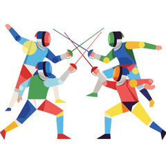 Fototapeta premium Fencing Competition: Four Athletes Sparring with Swords in Dynamic Action