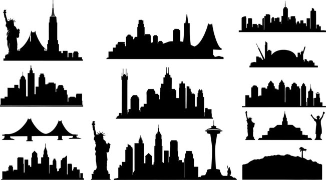 city skylines and famous landmarks in silhouette on white background