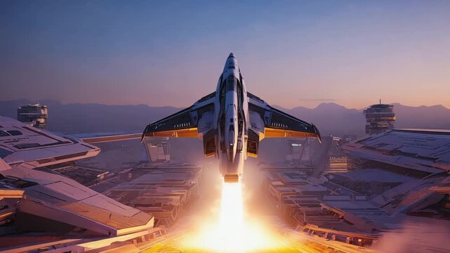 Military jet fighter aircraft taking off at sunset with afterburner flames and smoke trail over coastal runway